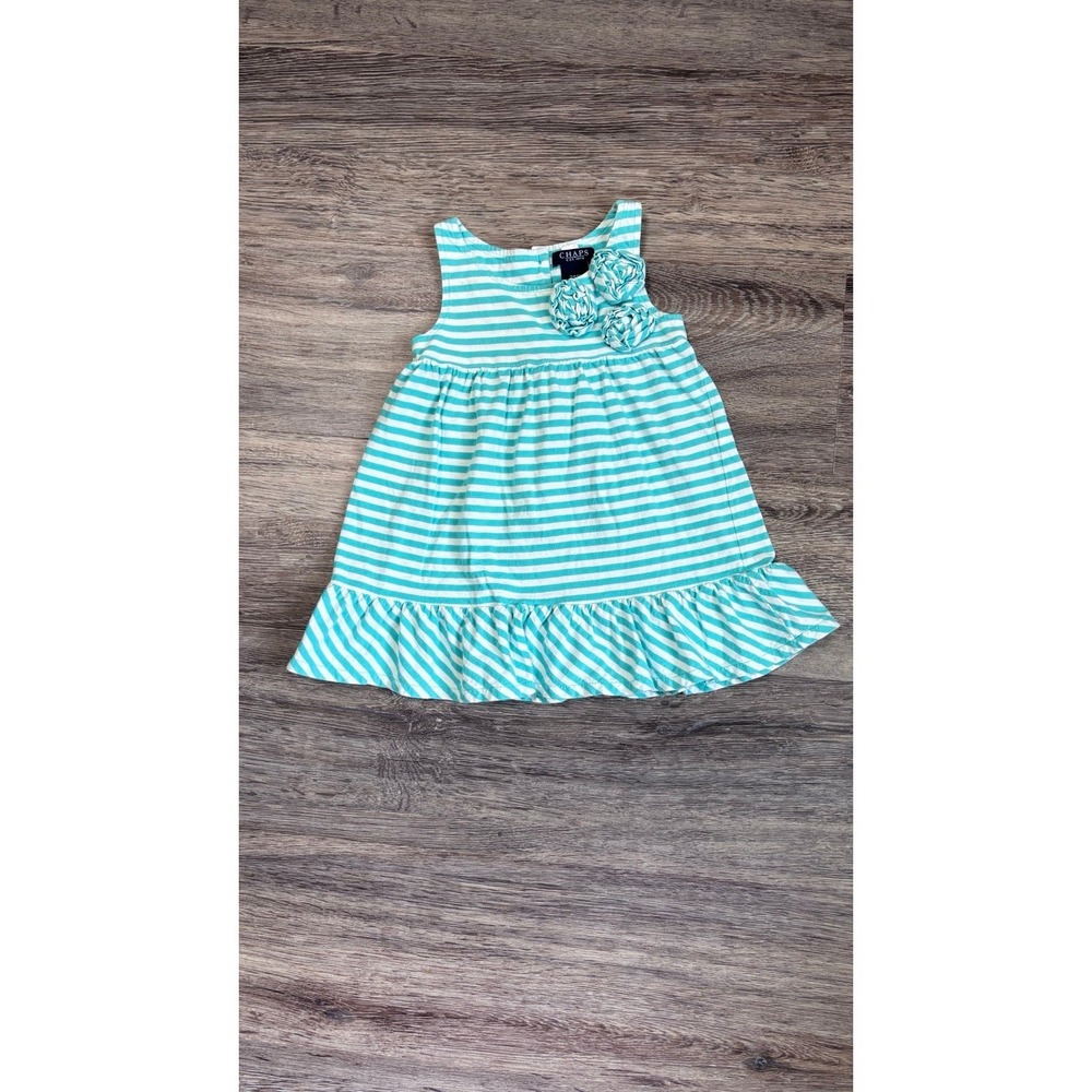 Chaps Toddler Girls Striped Dress 24M Aqua White Ruffle Hem Floral Detail